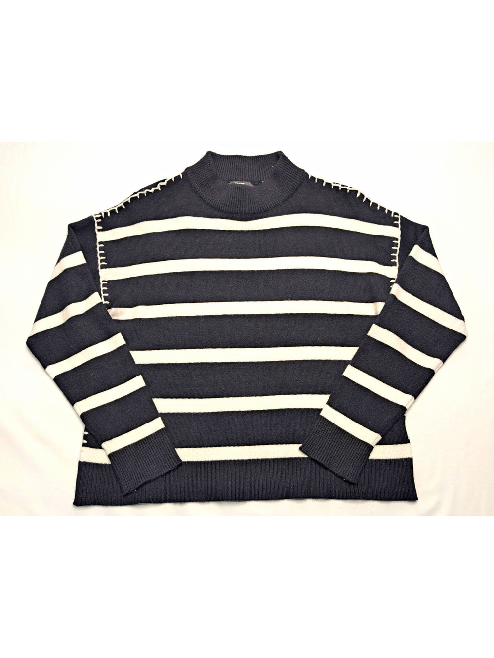 Tahari Blk White Nautical Striped Mock Neck Whipstitch Knit Pullover Sweater L